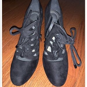 Black Suede Close Toed Cut Out Heels